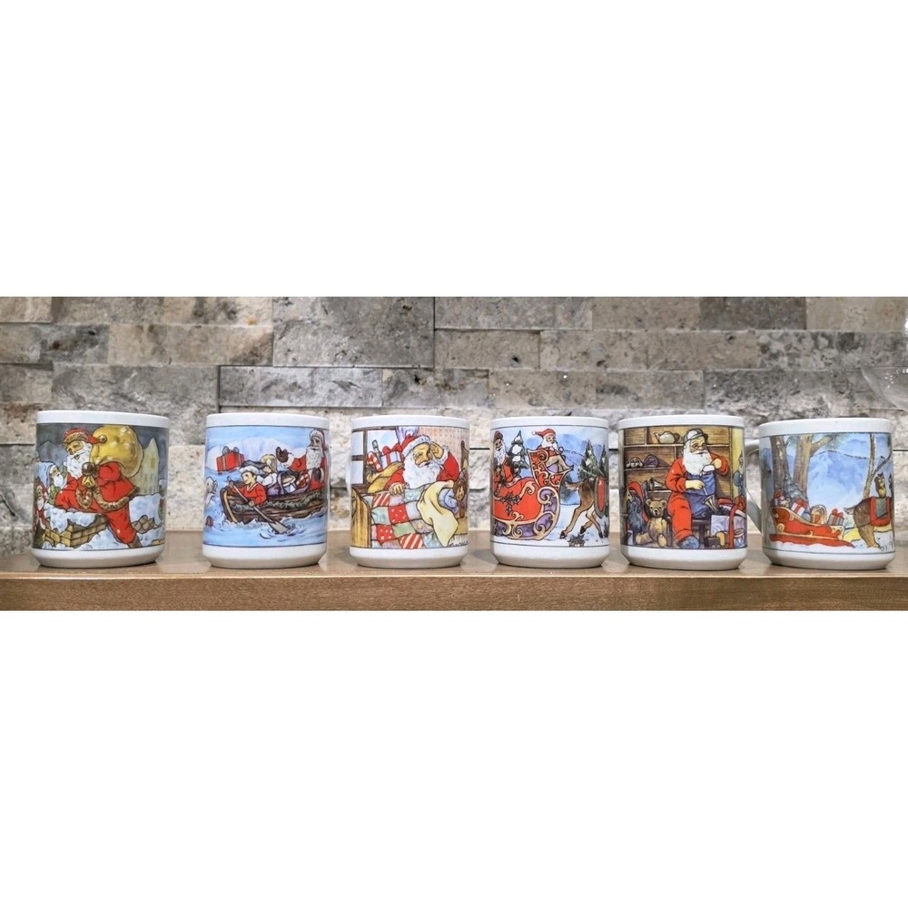 VTG 1984 Christmas Mug Set Of 6 Old World Santa Reindeer Kitschmas Retro Holiday